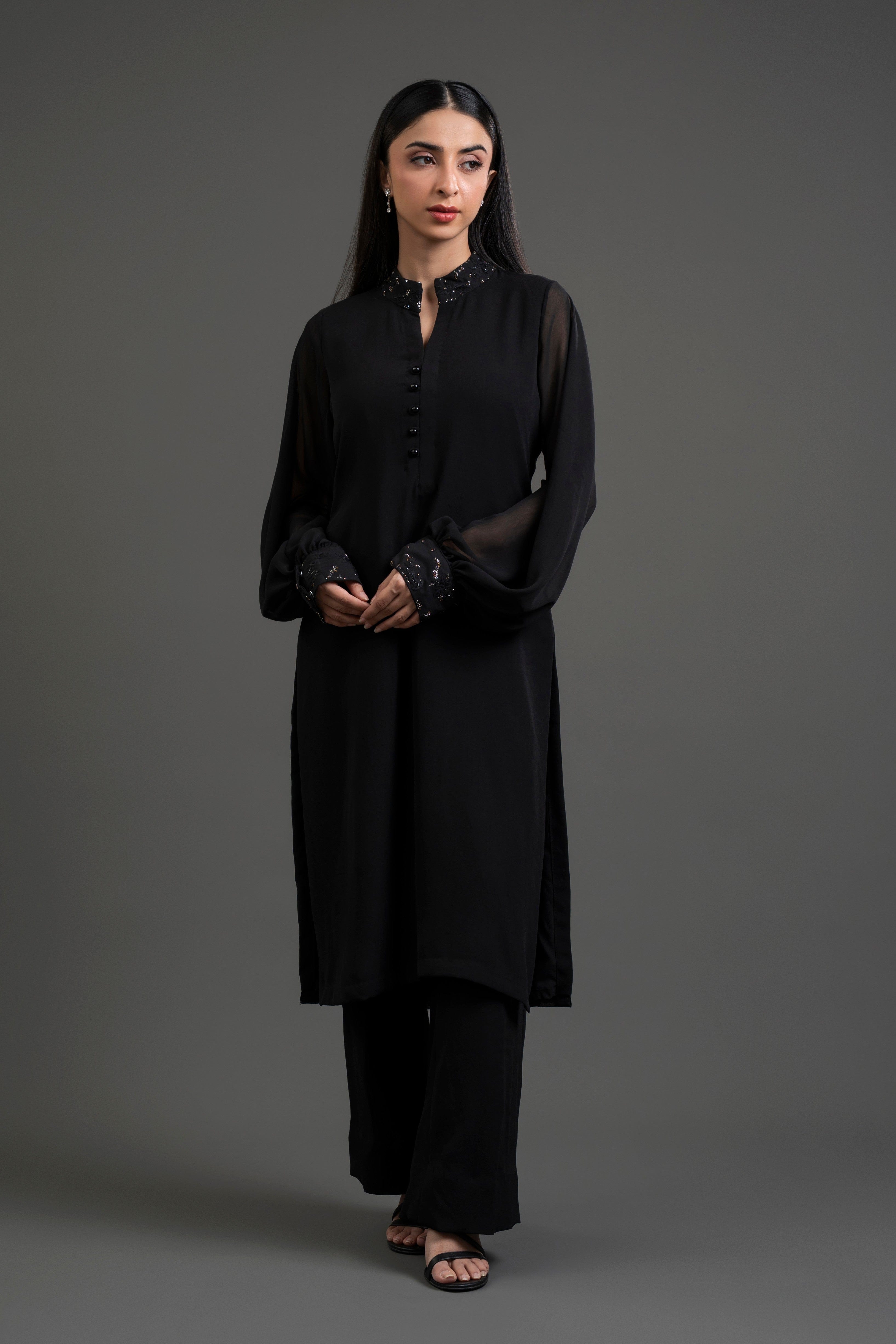 Black Chiffon Shirt with Beaded Collar & Cuff