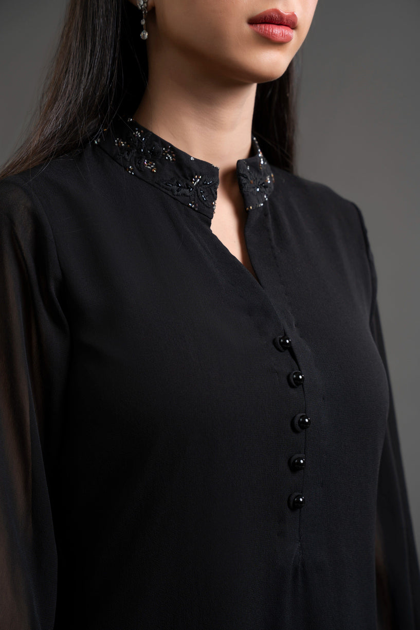Black Chiffon Shirt with Beaded Collar & Cuff