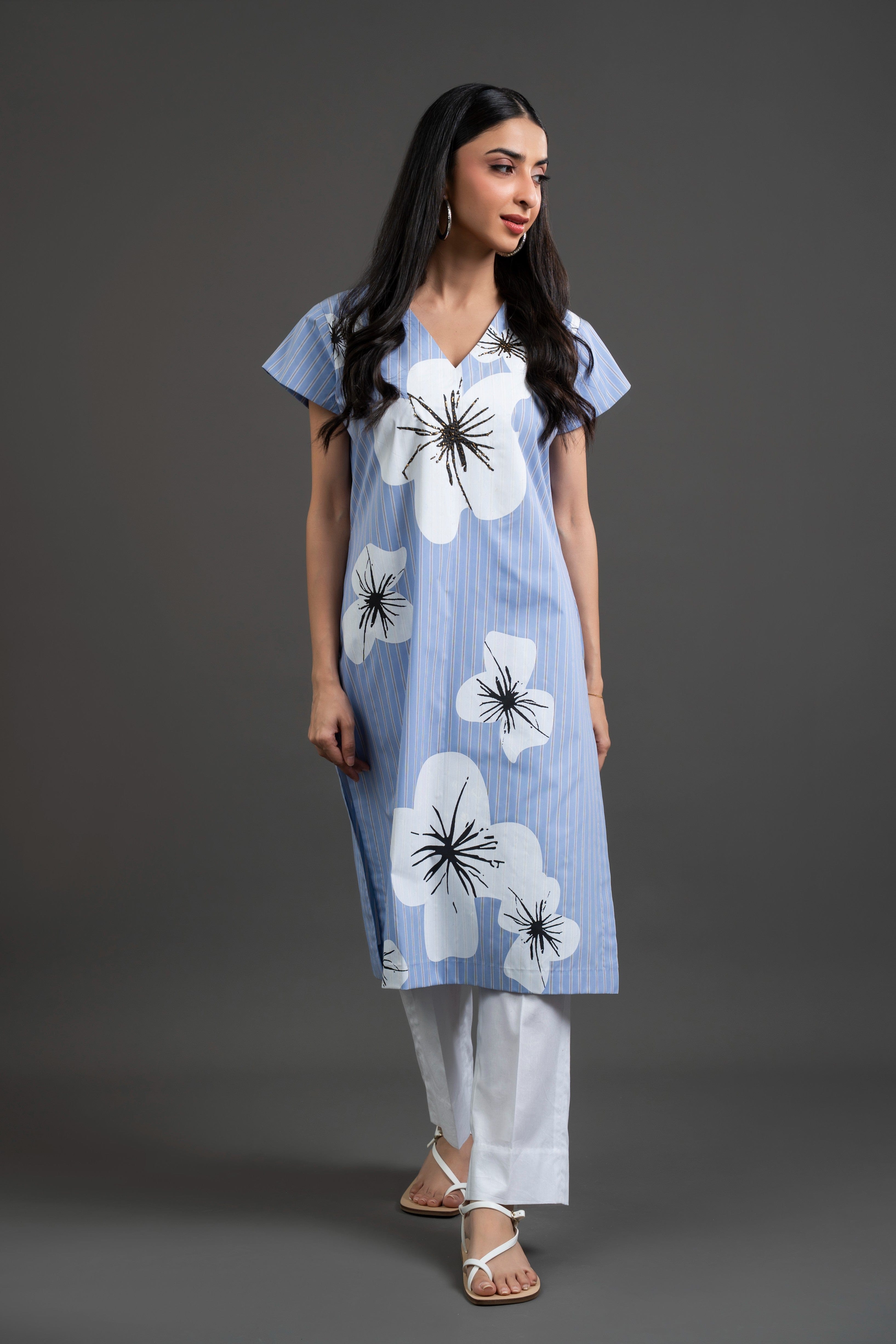 Blue & White Striped Cotton Tunic Set