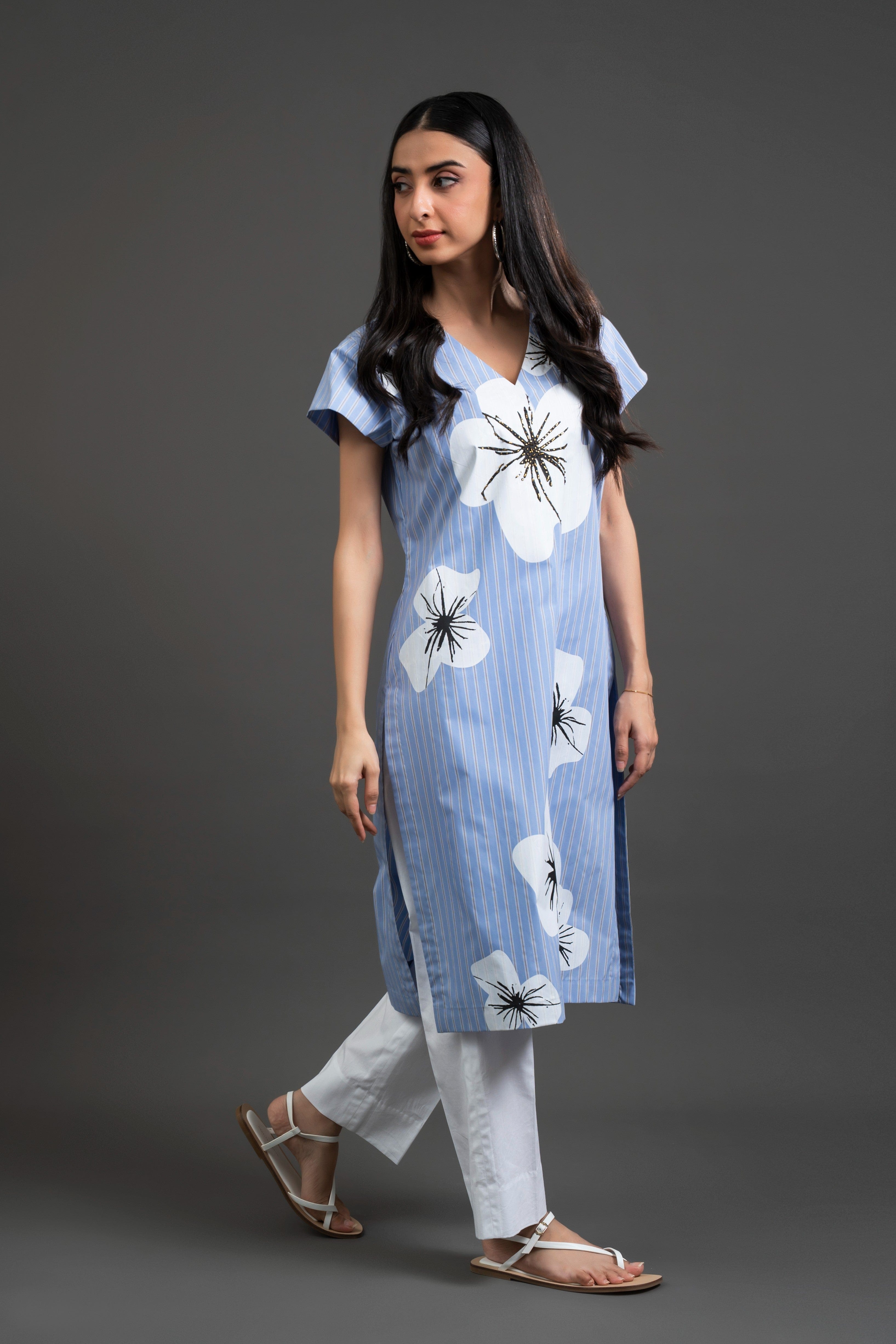 Blue & White Striped Cotton Tunic Set