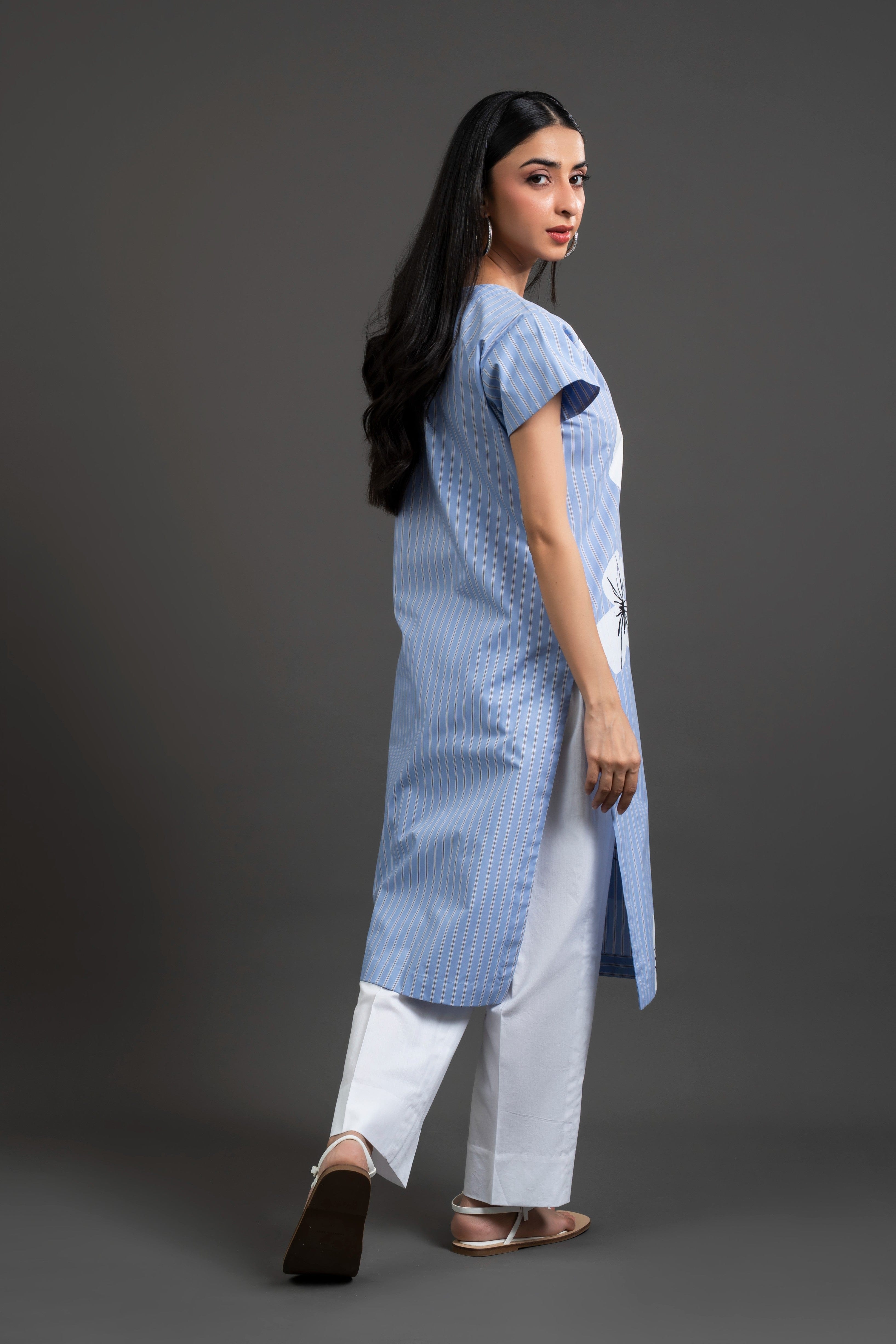 Blue & White Striped Cotton Tunic Set