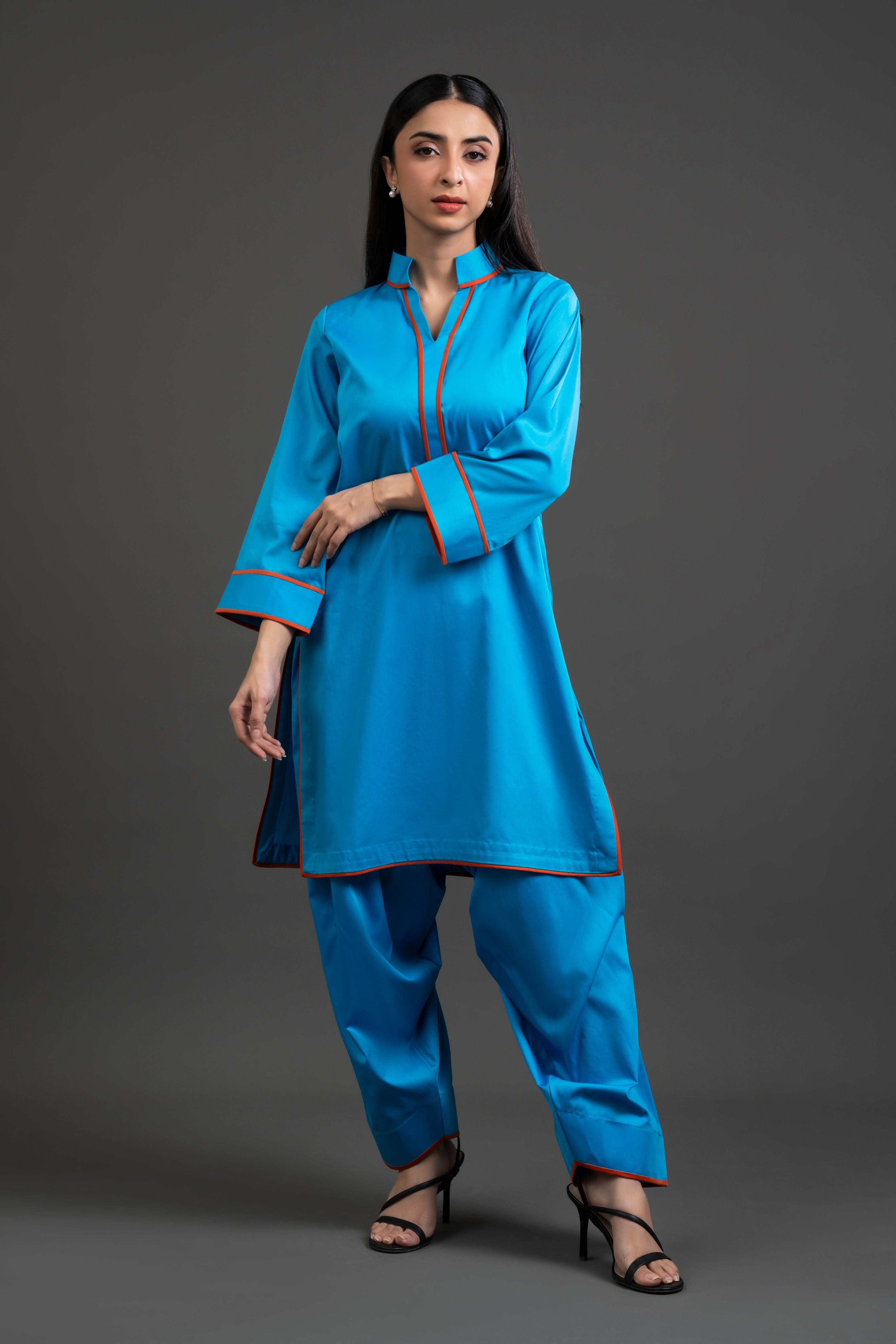 Cotton Sateen Outfit with Contrast Piping