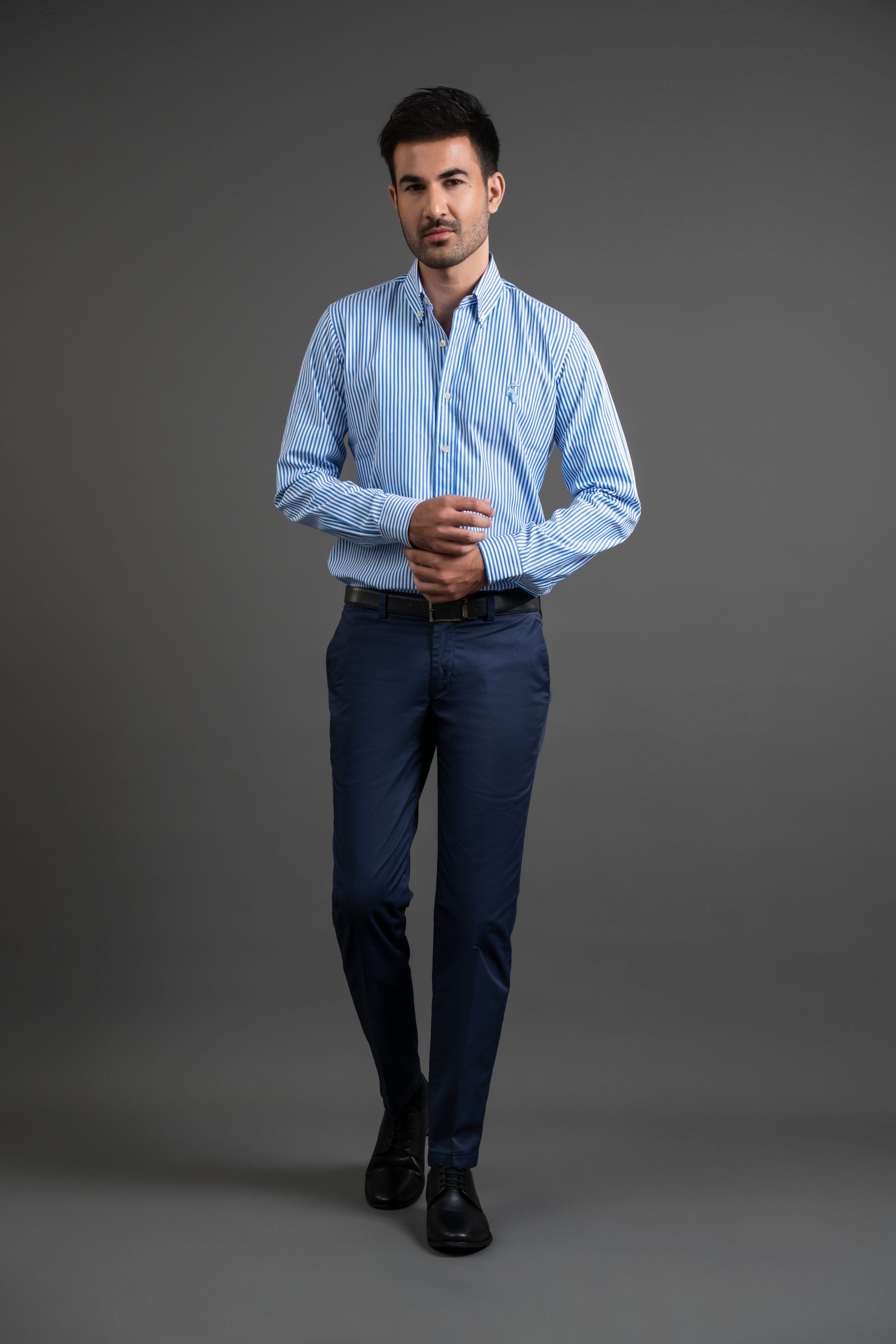 Blue Striped Cotton Button Down Shirt