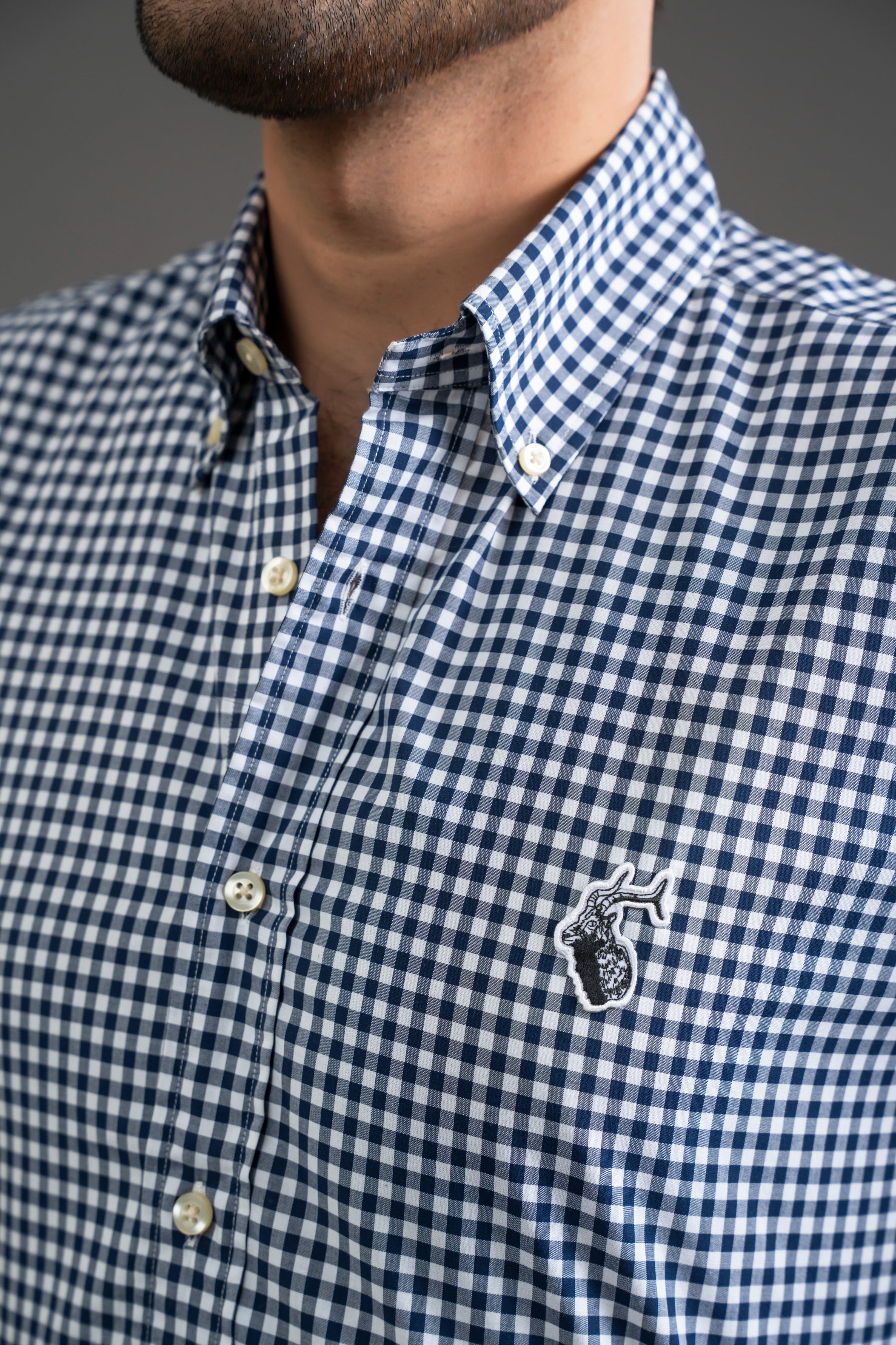 Navy Checkered Cotton Button Down Shirt