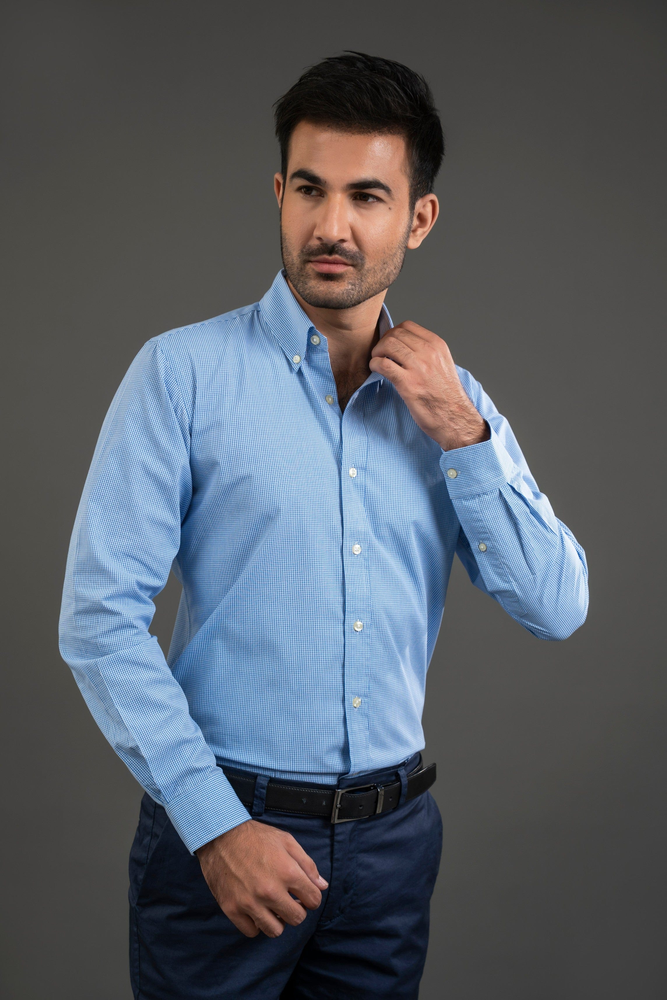 Blue Checker Cotton Button Down Shirt