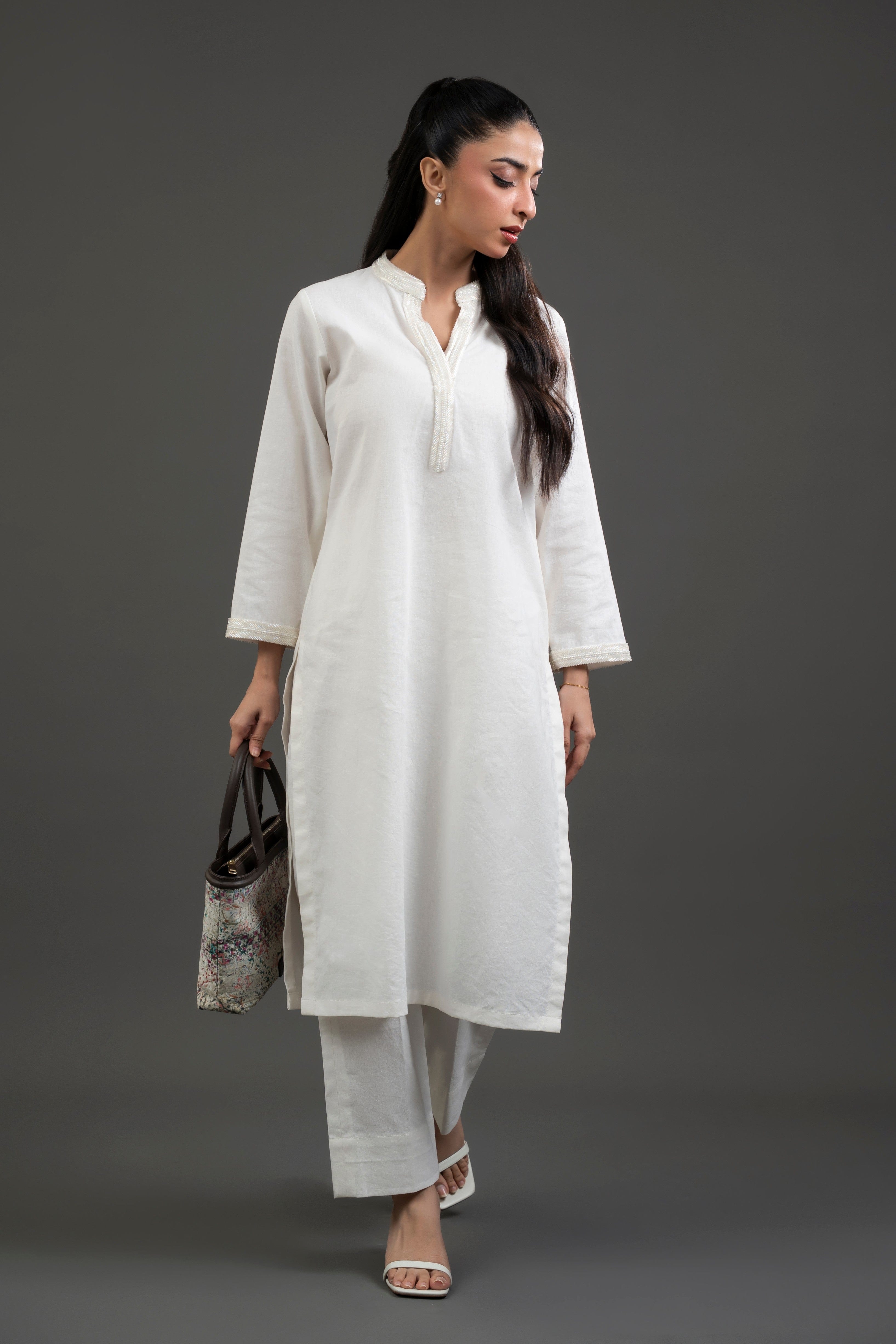 Off-White Bead-Work Dress with Pants