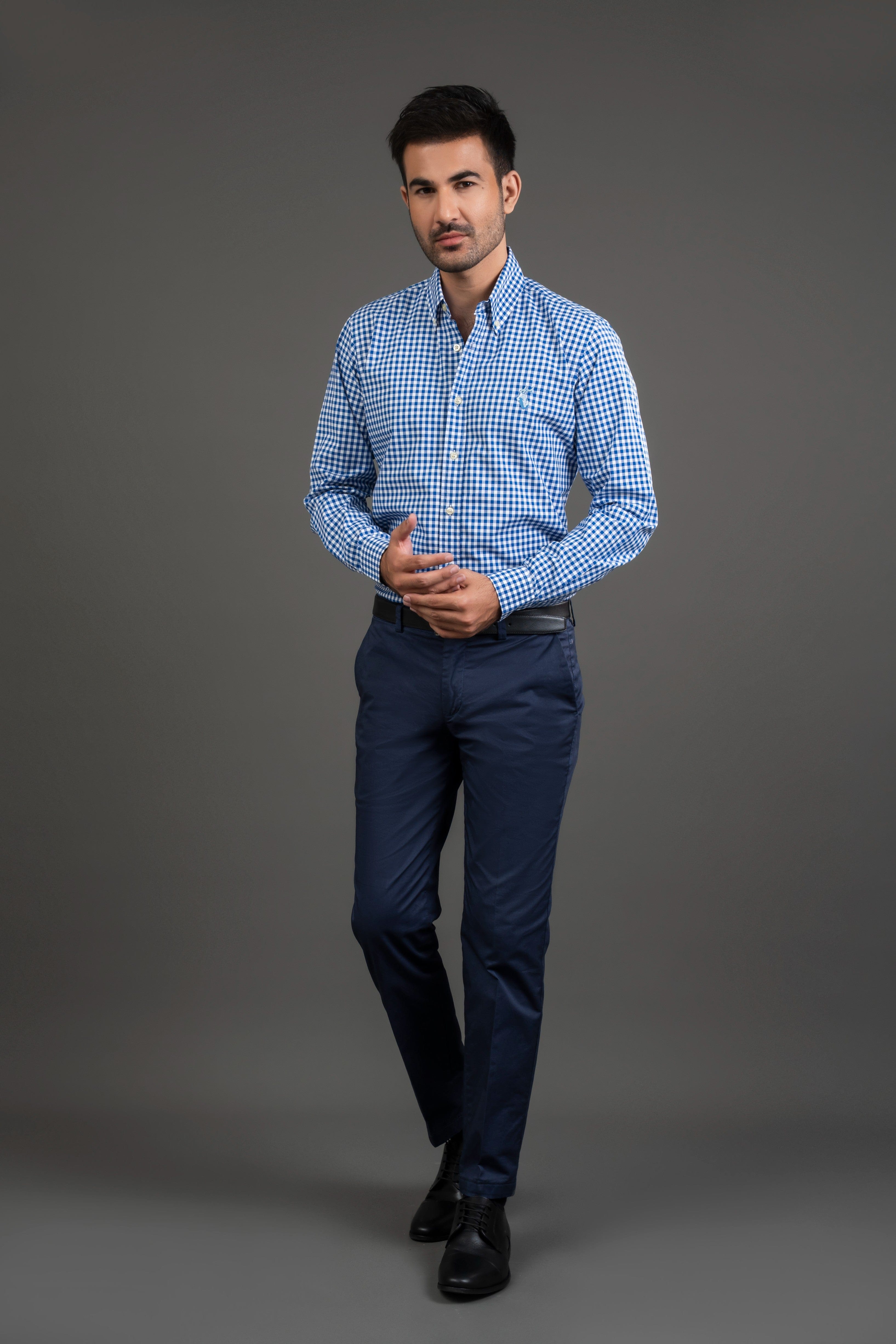 Blue Checkered Cotton Button Down Shirt