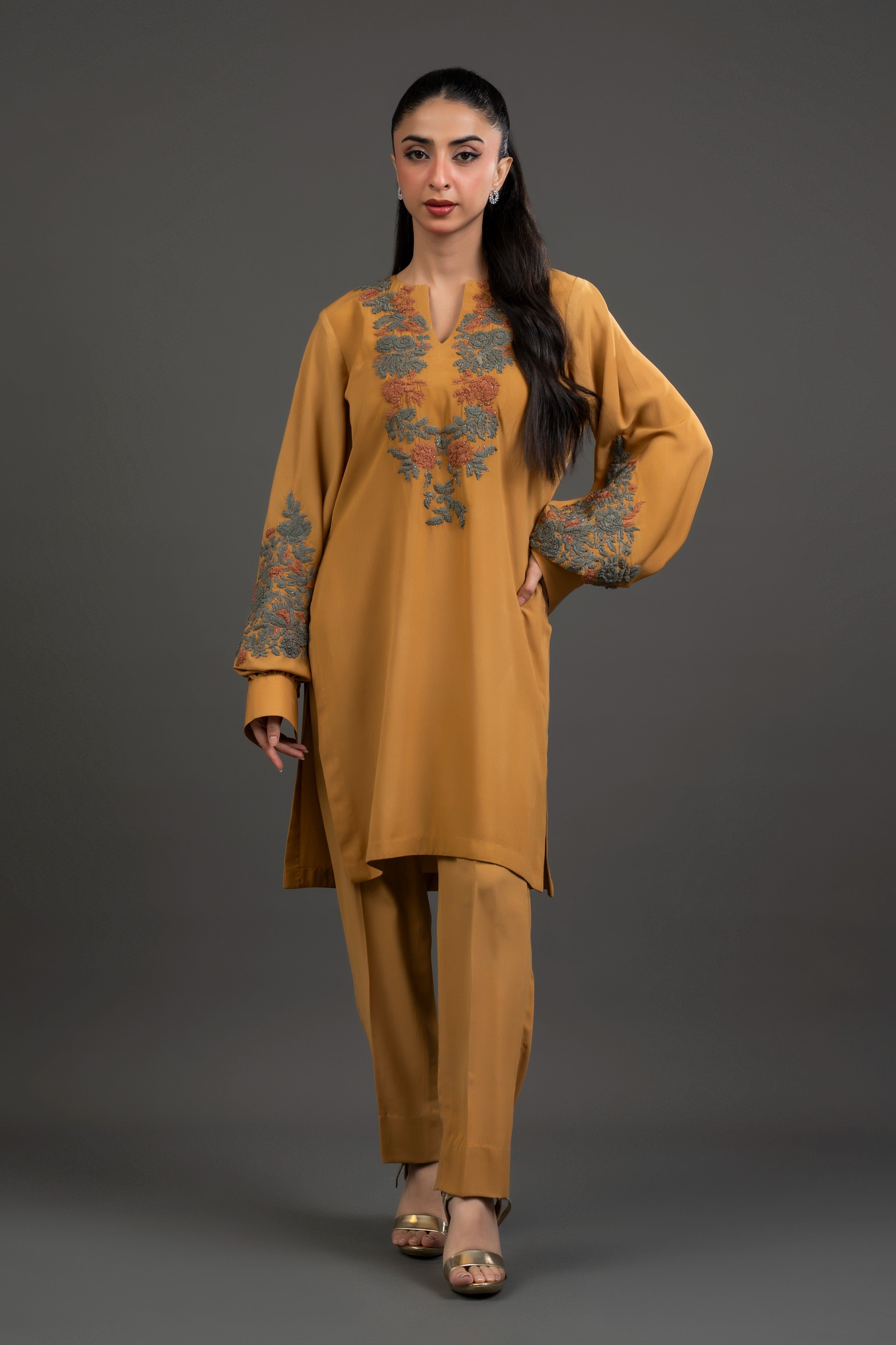 Mustard Floral Embroidered Set