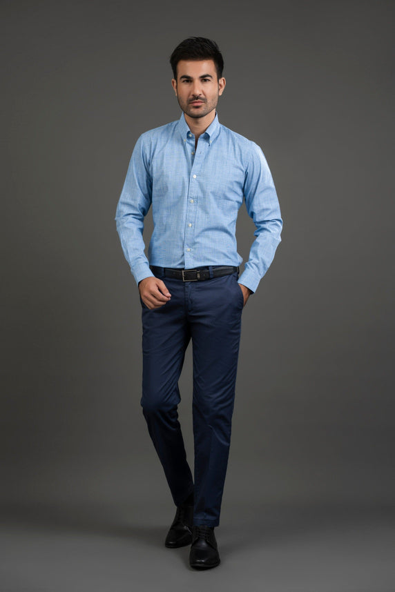 Blue Checkered Cotton Button Down Shirt