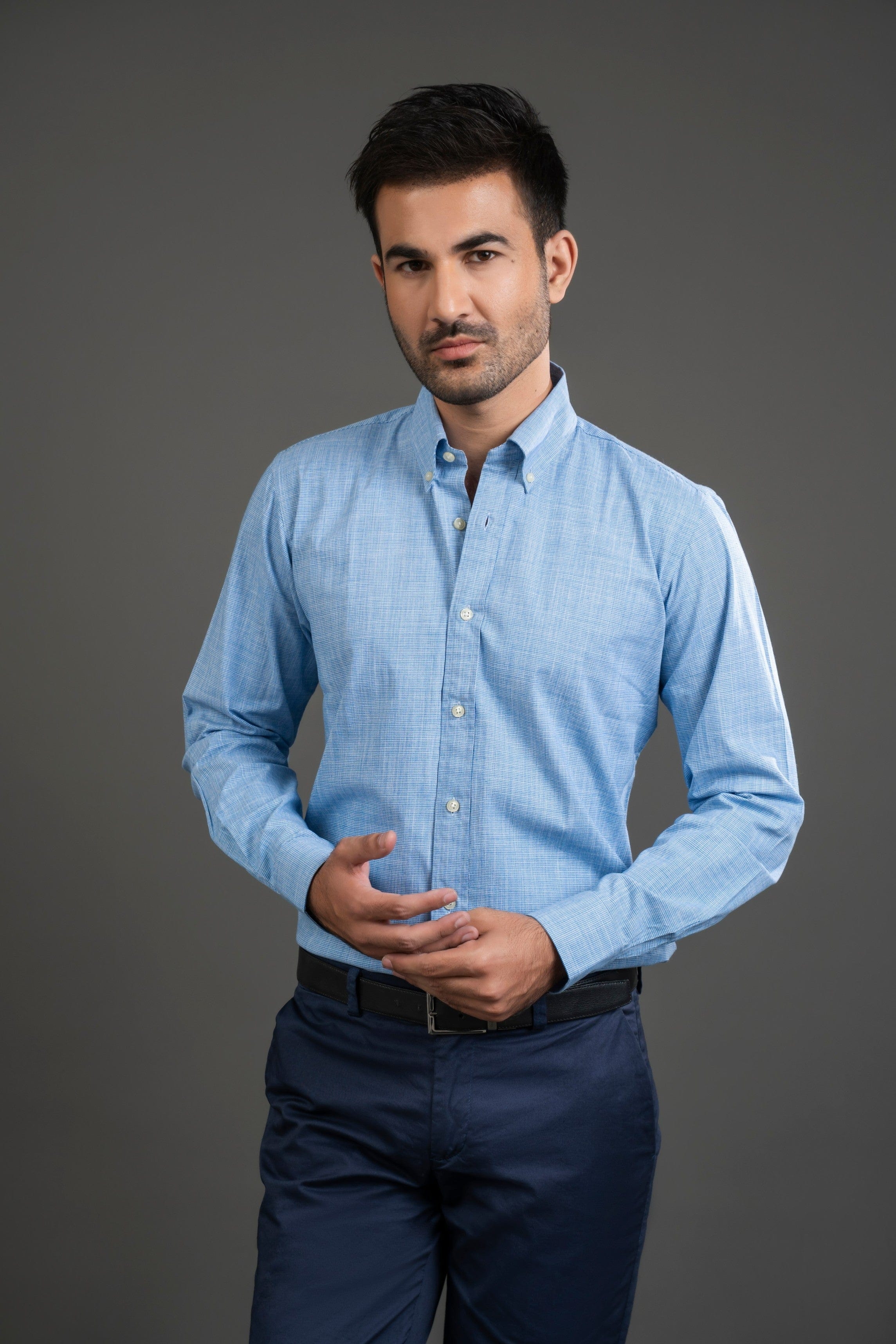 Blue Checkered Cotton Button Down Shirt