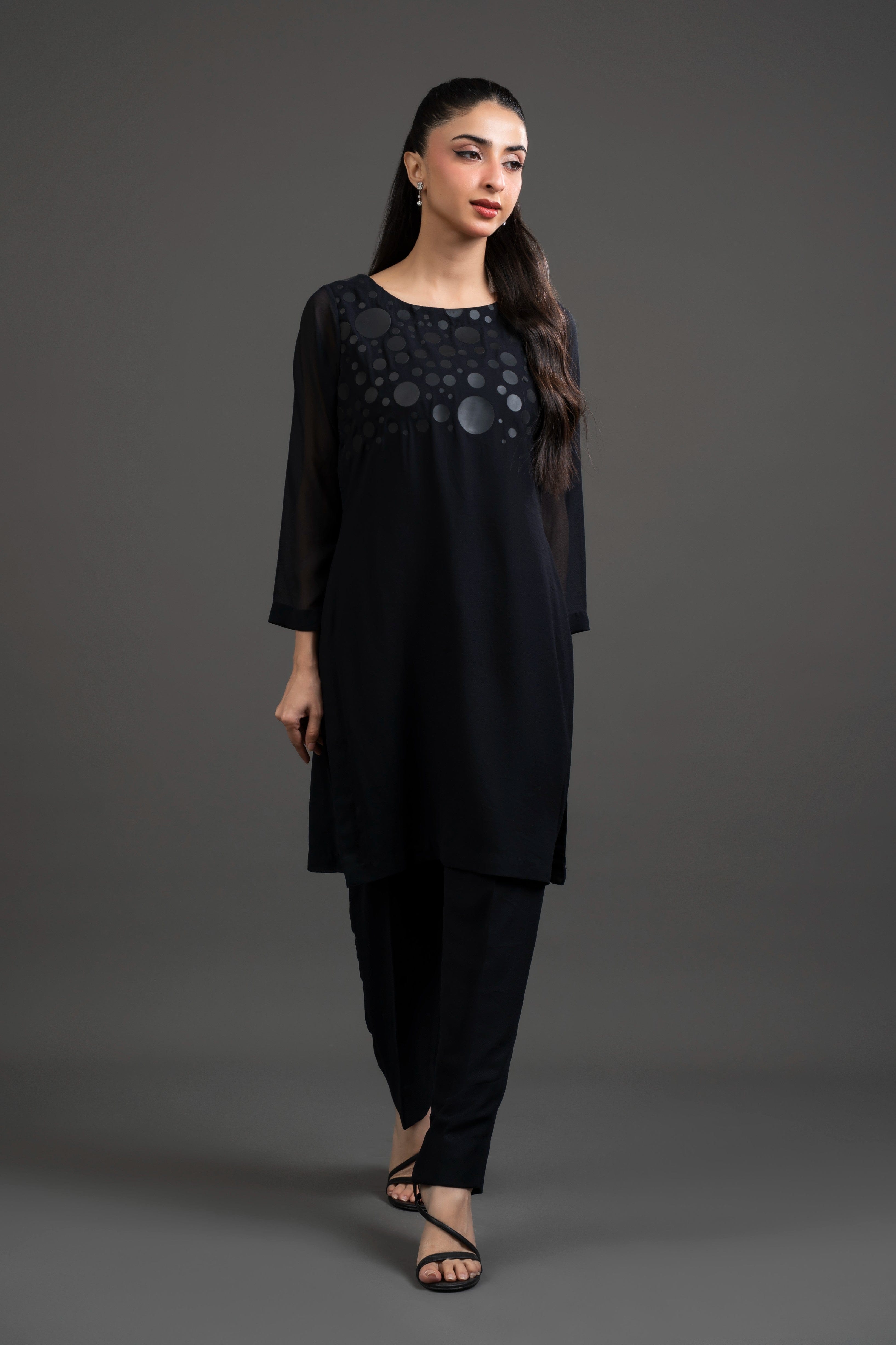 Polka Dot Print Black Chiffon Dress