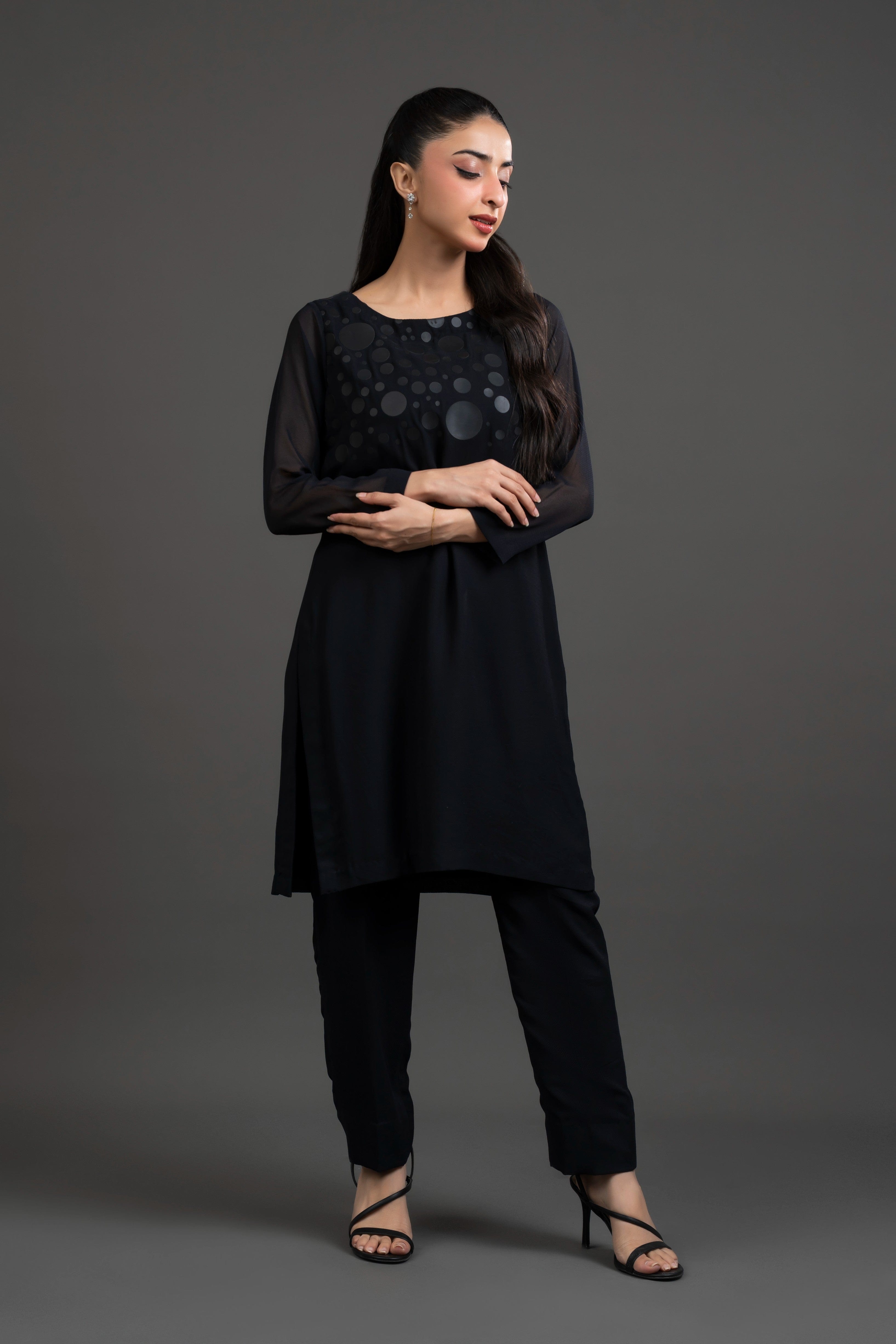 Polka Dot Print Black Chiffon Dress