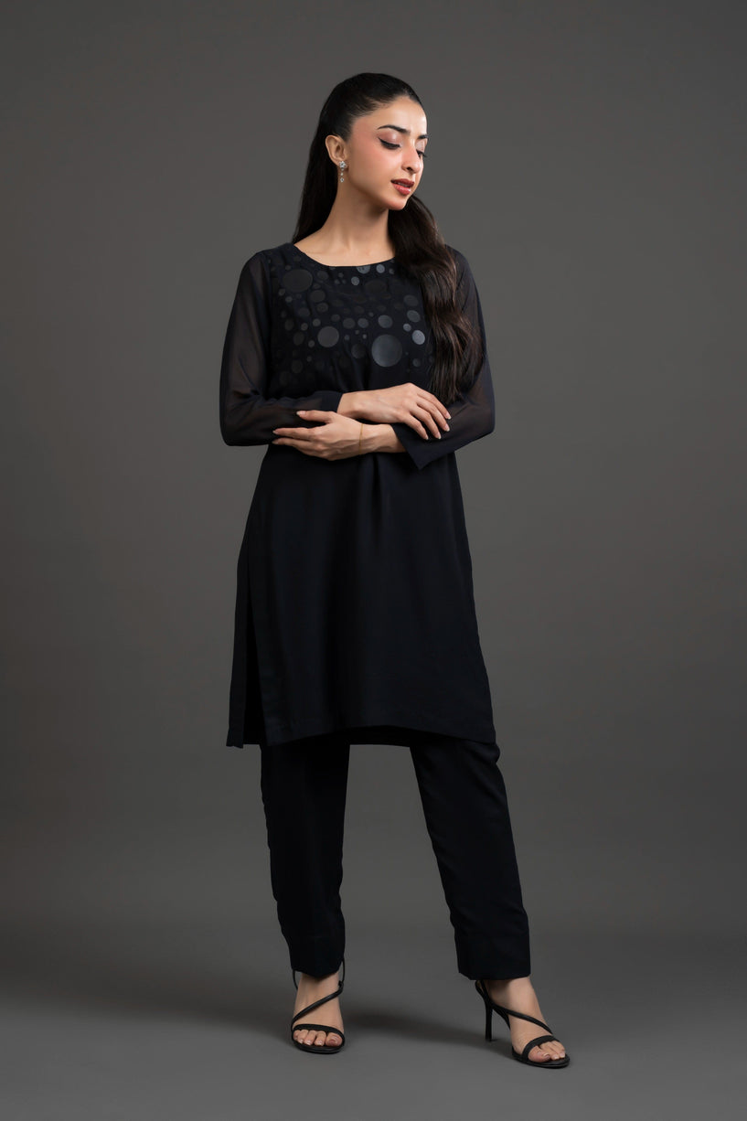 Polka Dot Print Black Chiffon Dress