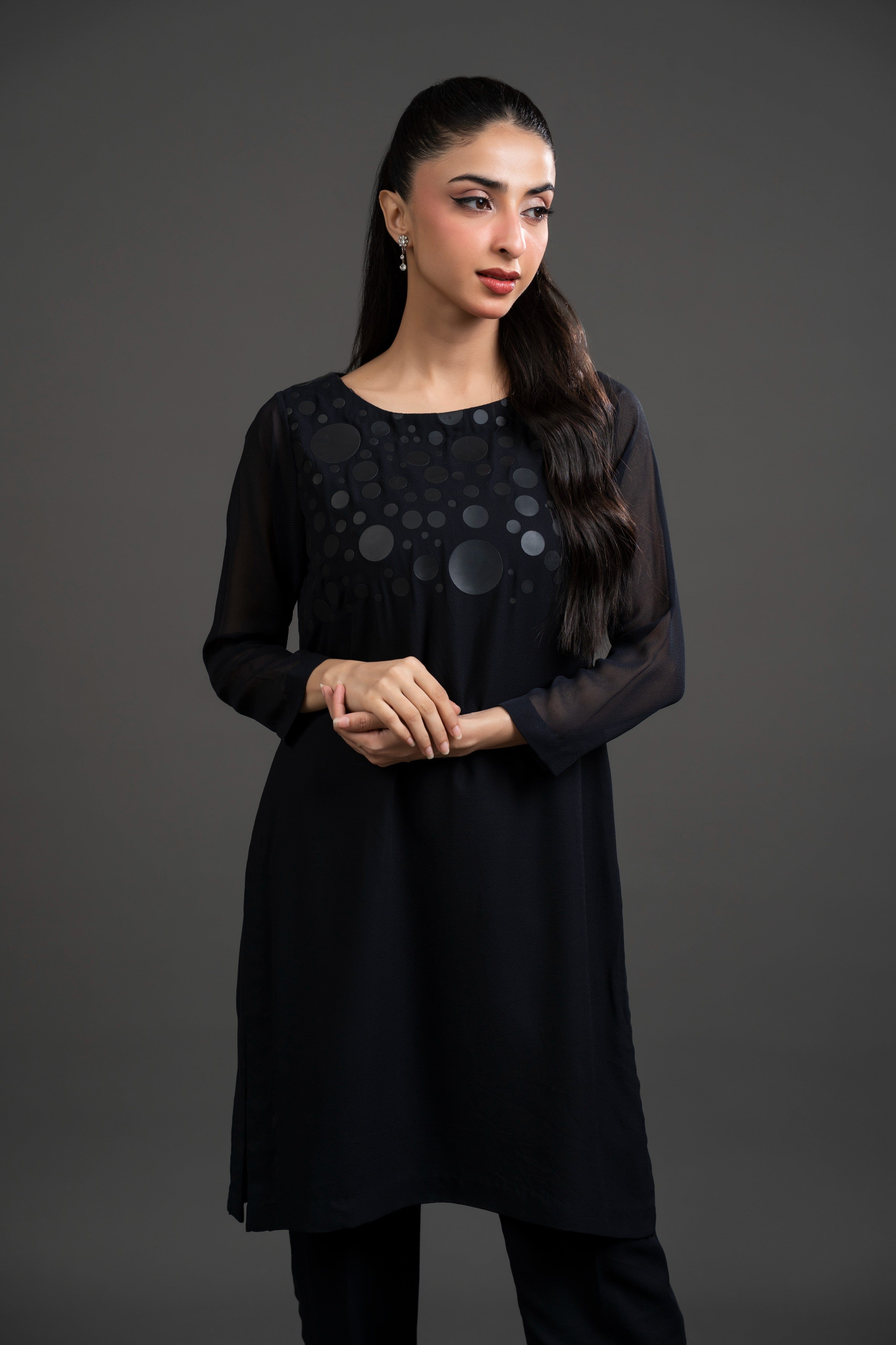 Polka Dot Print Black Chiffon Dress