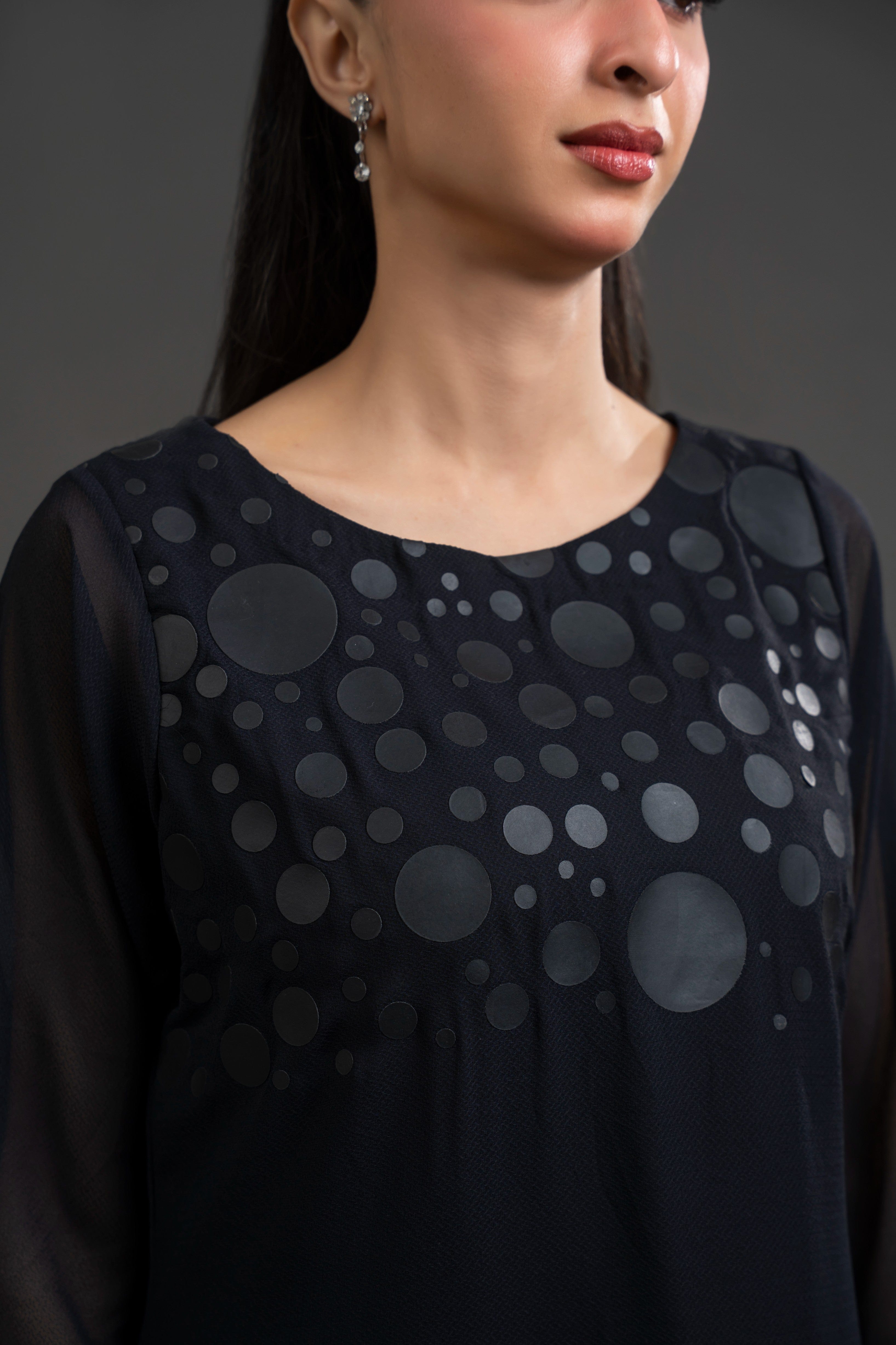 Polka Dot Print Black Chiffon Dress