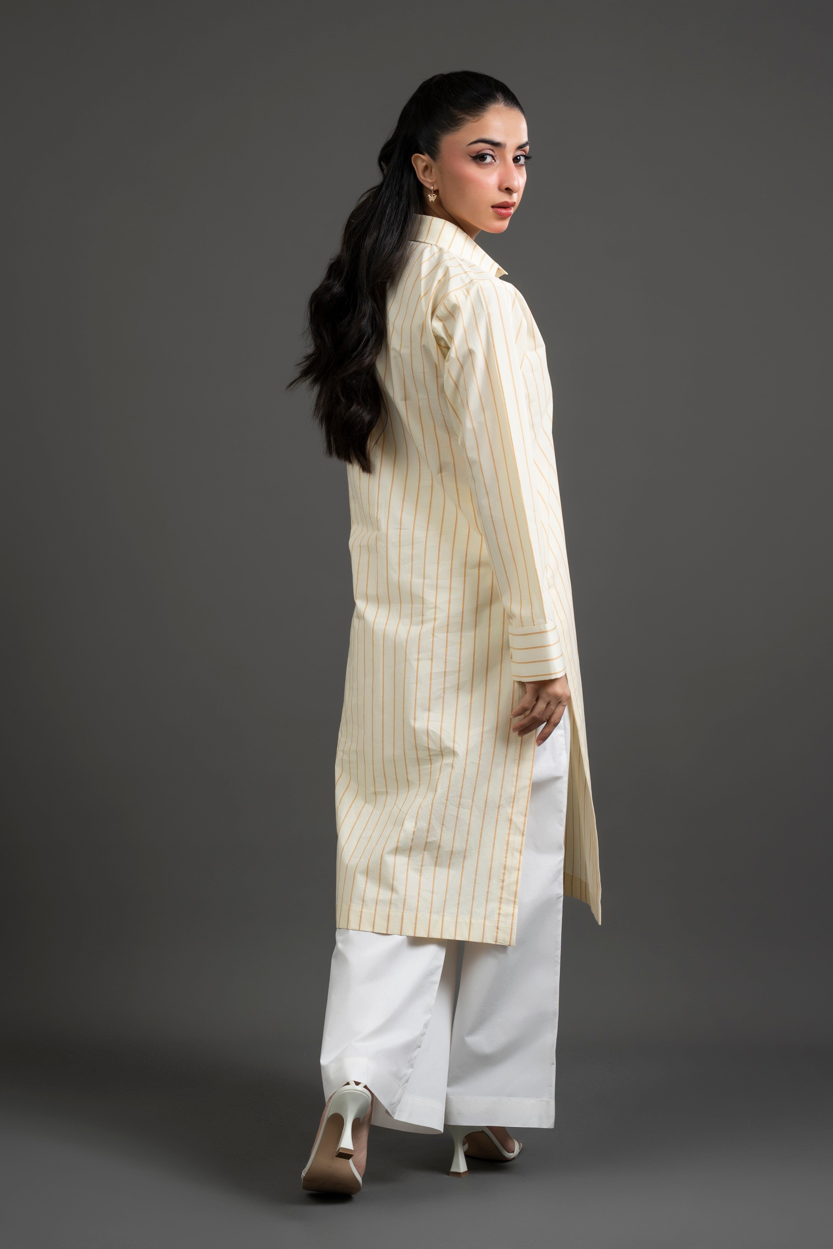 Striped Shirt Dress with Wide-Leg Pants