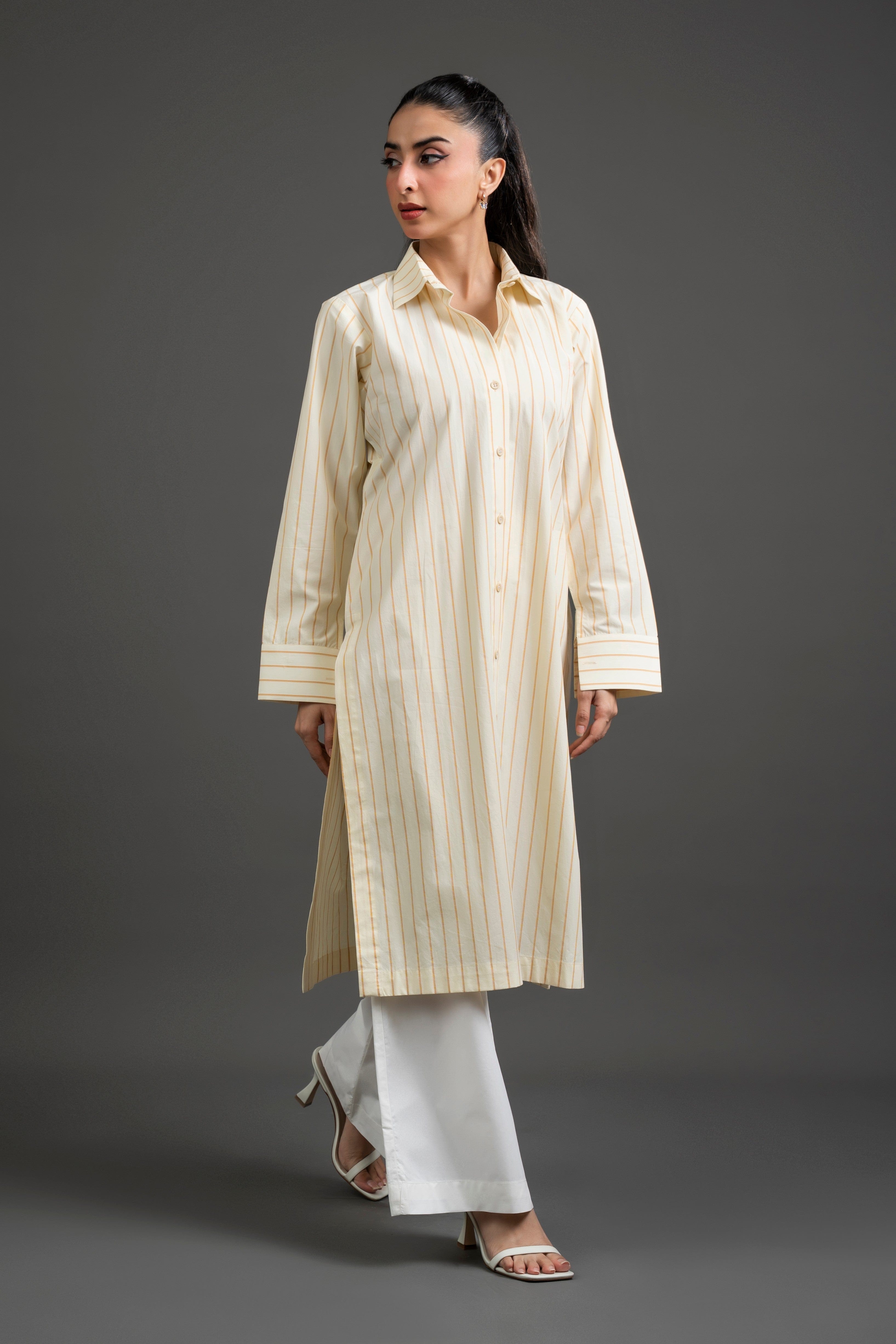 Striped Shirt Dress with Wide-Leg Pants
