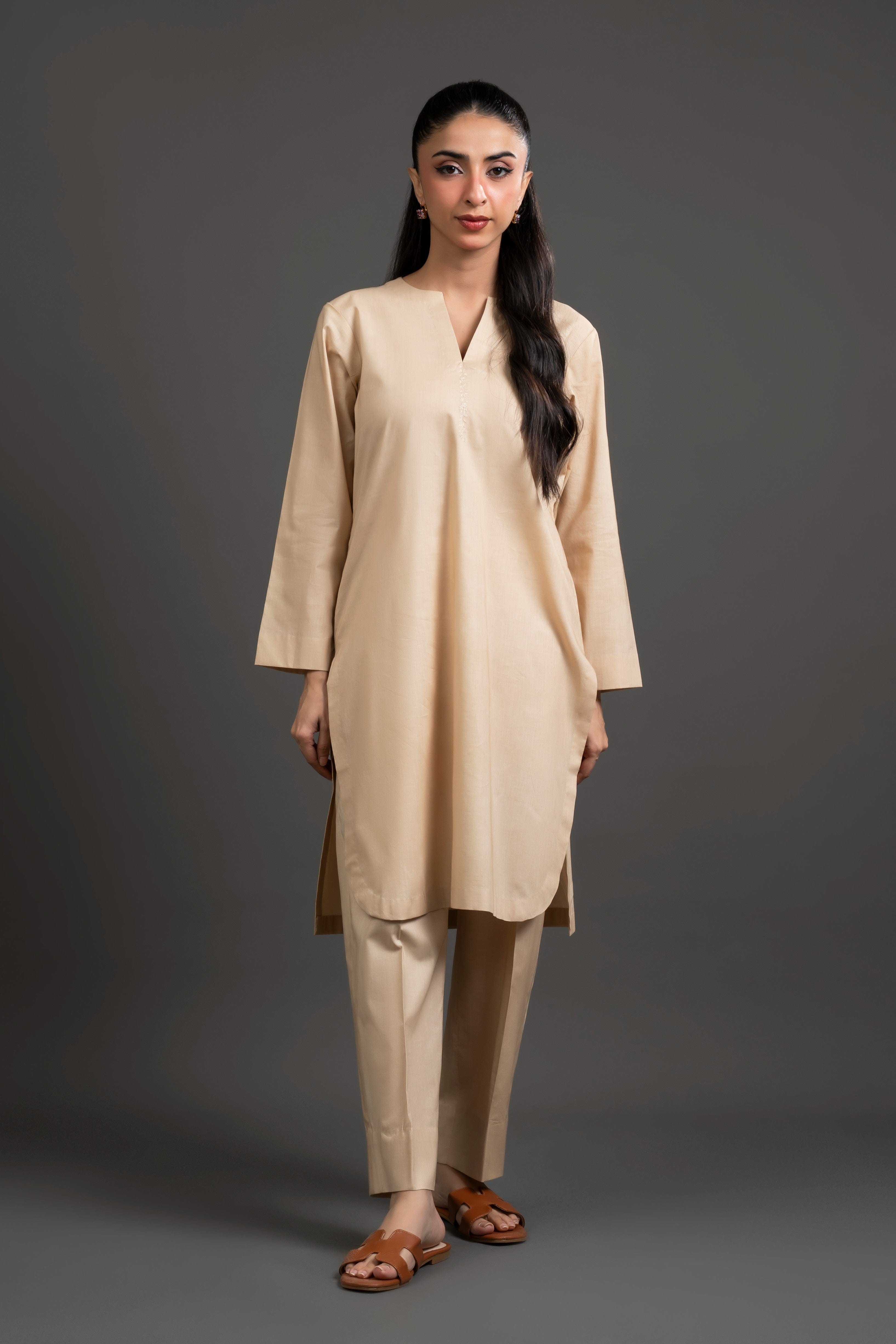 Beige Embroidered Kurta Set