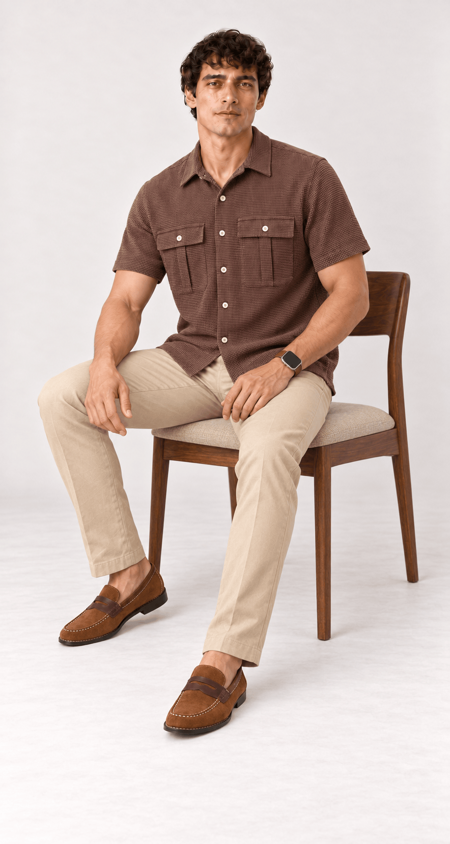 Men's 100% cotton mini-waffle camp shirt