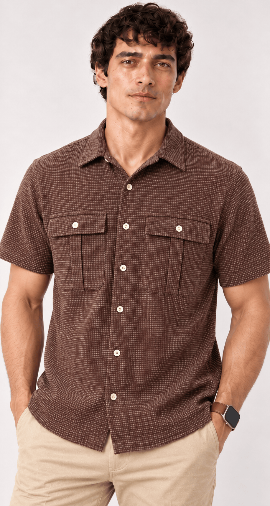 Men's 100% cotton mini-waffle camp shirt