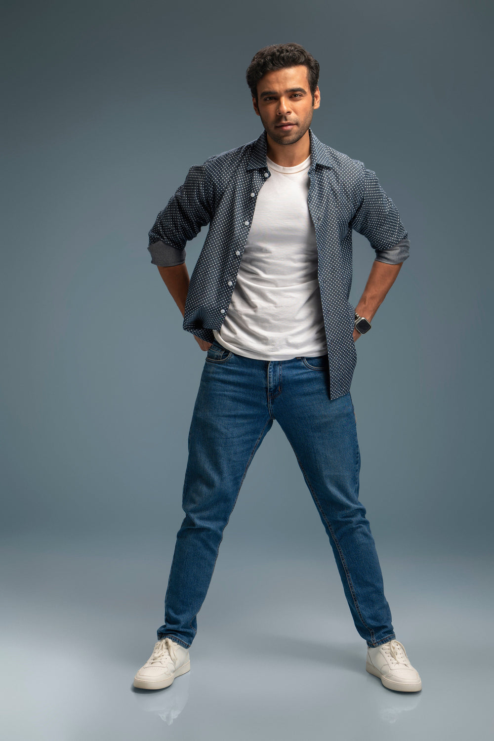 Polka Dot Printed Denim Shirt