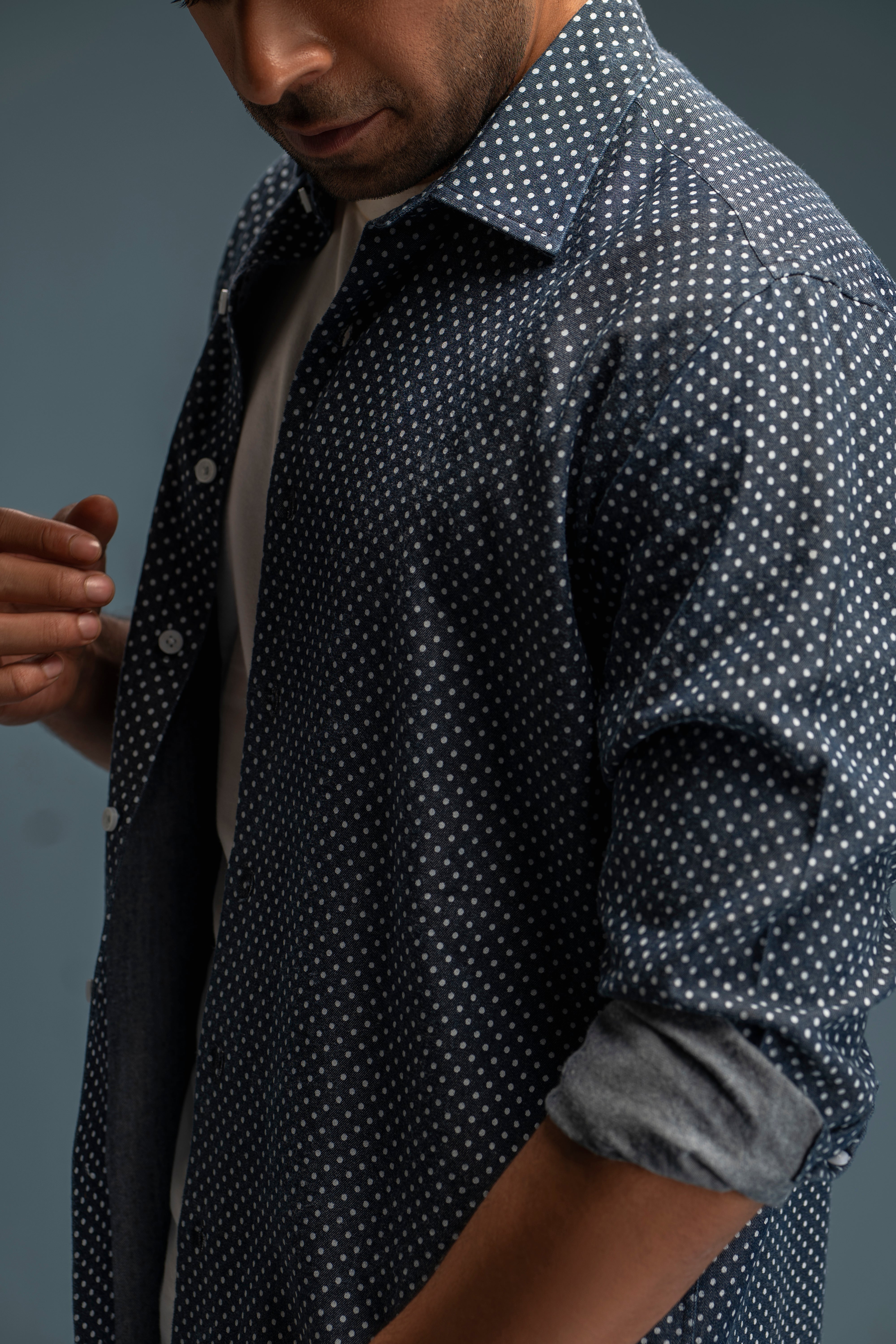 Polka Dot Printed Denim Shirt