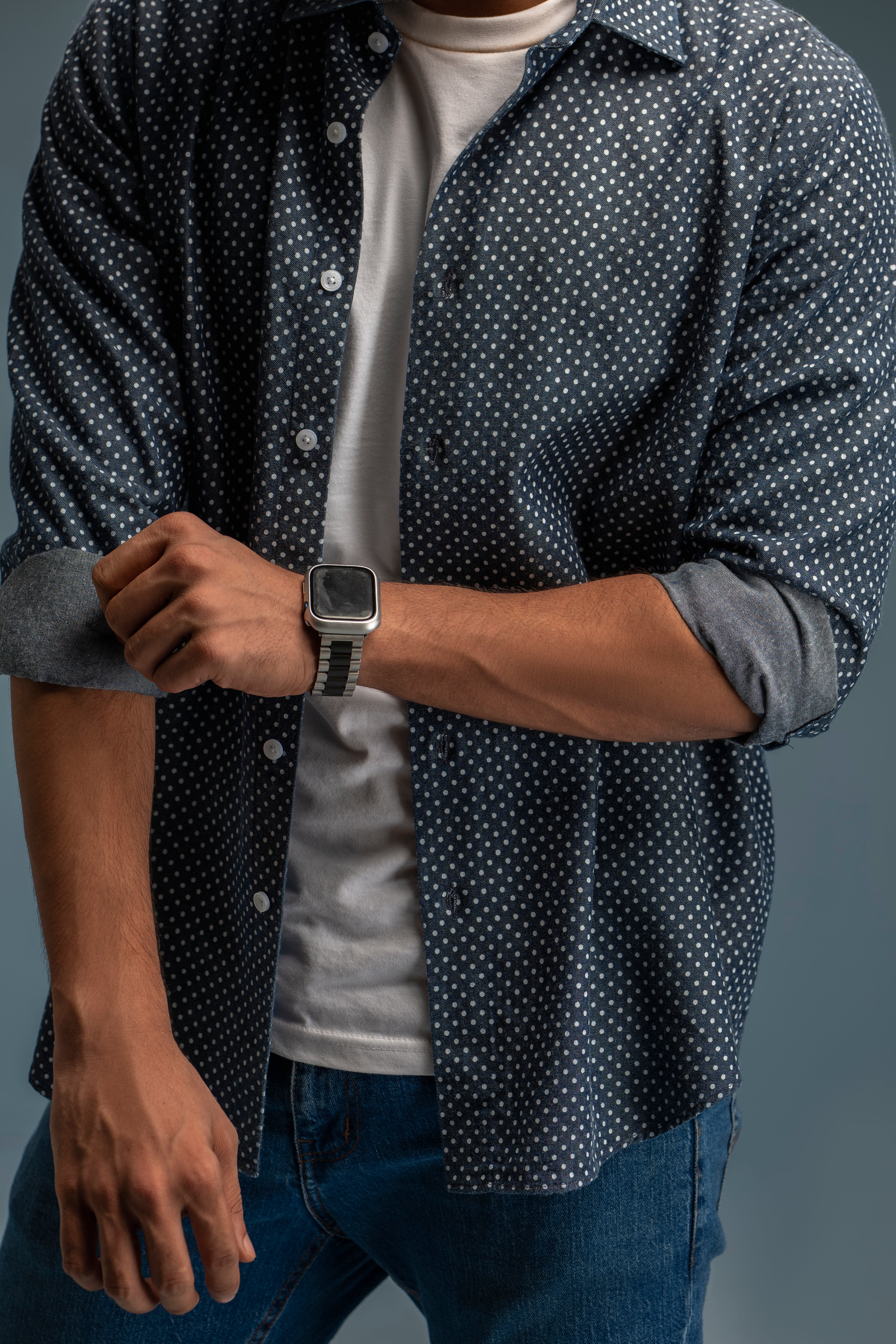 Polka Dot Printed Denim Shirt