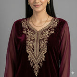 Maroon Embroidered Velvet Kurta Set