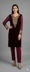 Maroon Embroidered Velvet Kurta Set