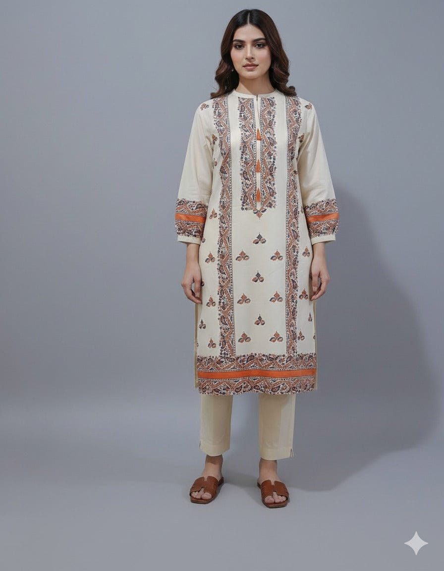 Beige Block Print Kurta Set