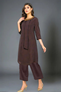 Brown Embroidered Dress with Neckline