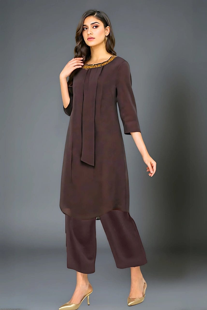 Brown Embroidered Dress with Neckline