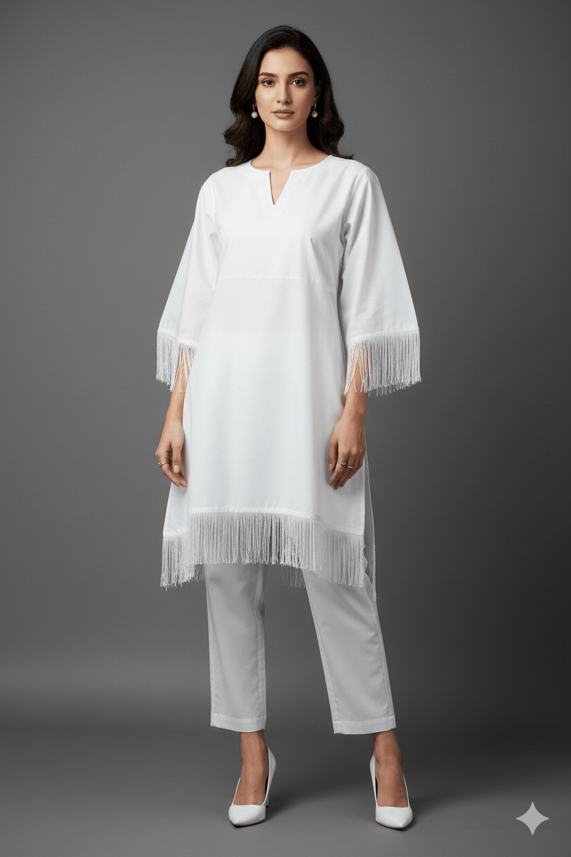 White Fringe Kurta Set