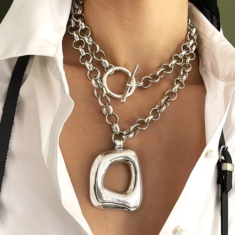 Geometric Hollow Square Pendant Necklace