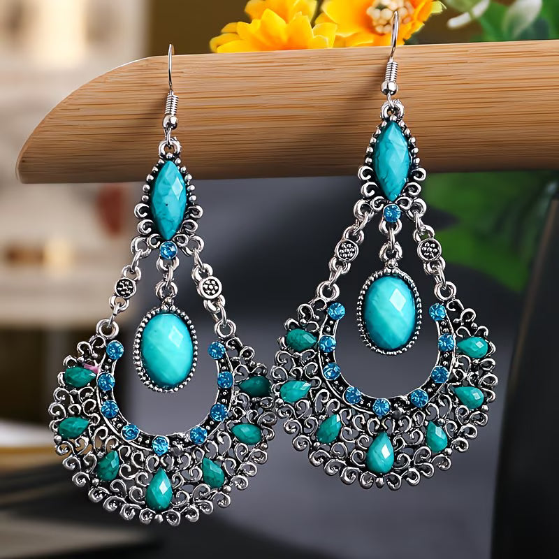 Blue Carved Rhinestone Dangle Earrings