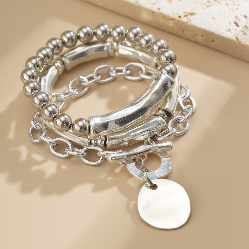 Exquisite Silver Beaded Punk Bracelet Set For Men's