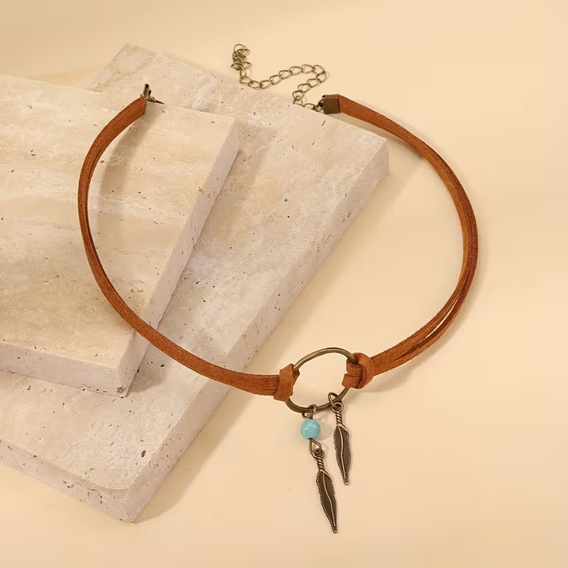 Choker with Turquoise Bead & Leaf Charms