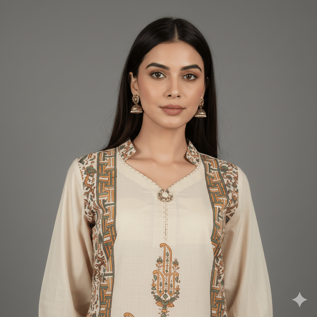 Beige Block-Print Kurti Set