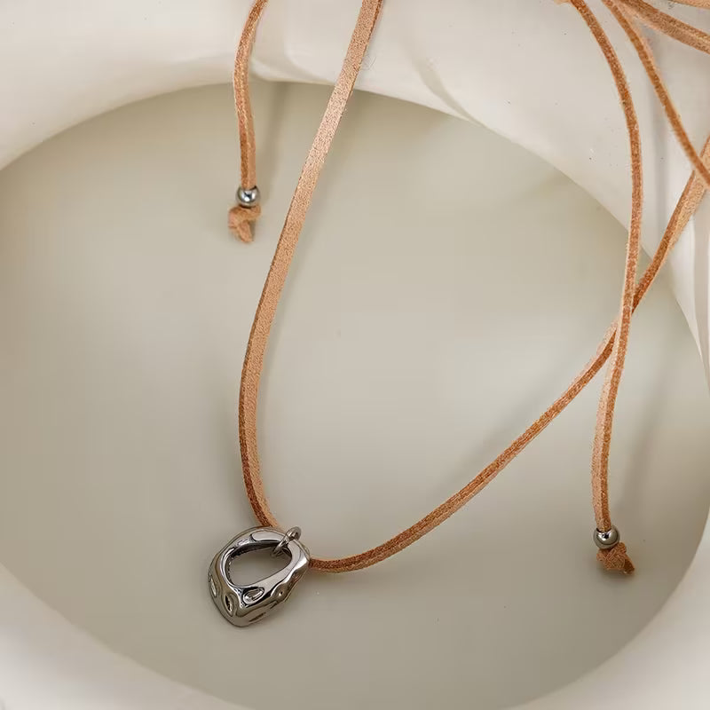 Brown Velvet Cord Necklace with Irregular Silver Pendant