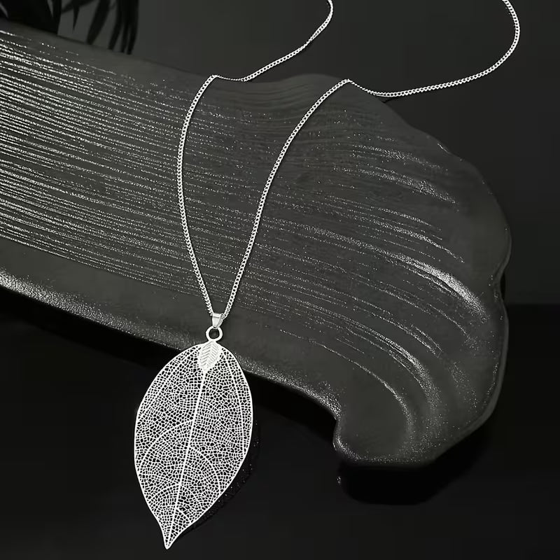 Silver Leaf Texture Hollow Long Necklace
