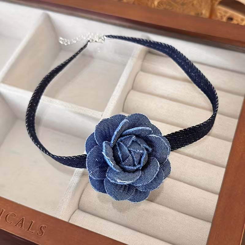 Retro Denim Flower Choker Necklace