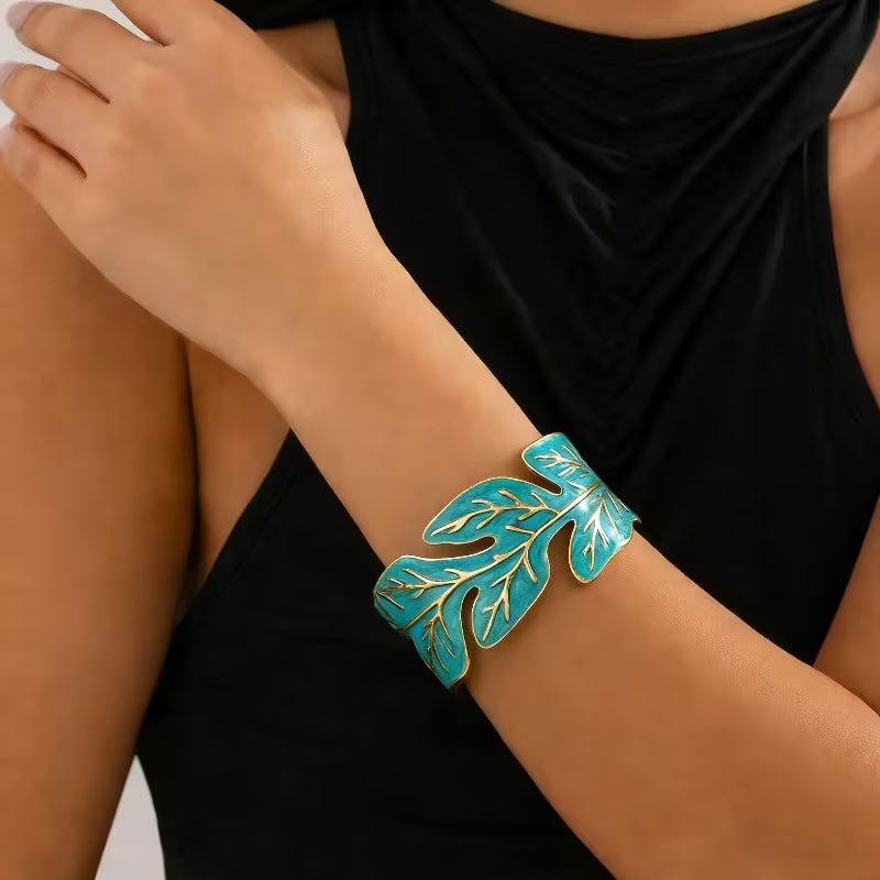Stainless Steel Enamel Leaf Open Bangle
