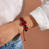Red Rose & Black Beaded Adjustable Bracelet