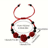 Red Rose & Black Beaded Adjustable Bracelet