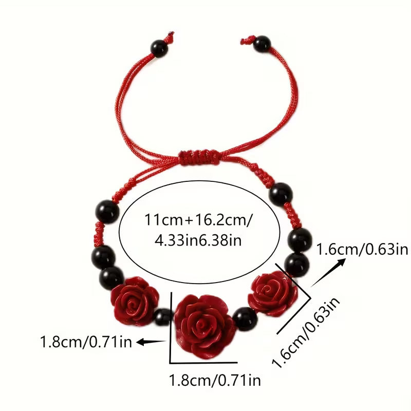 Red Rose & Black Beaded Adjustable Bracelet