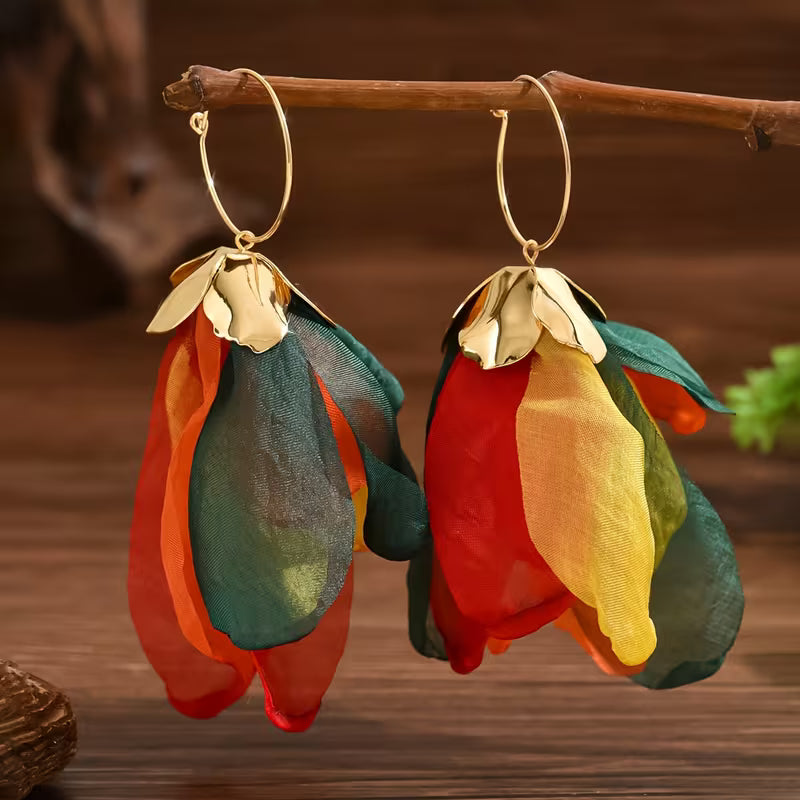 Bohemian Handmade Satin Flower Dangle Earrings