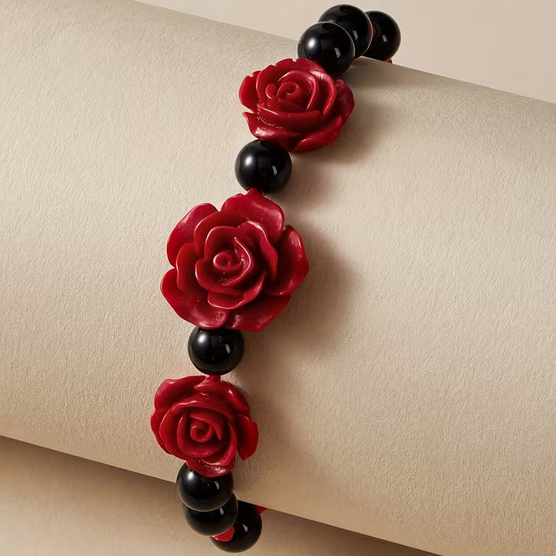 Red Rose & Black Beaded Adjustable Bracelet