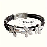 Boho Faux Leather Flower Charm Bracelet