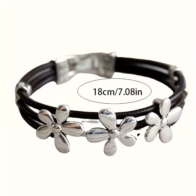 Boho Faux Leather Flower Charm Bracelet