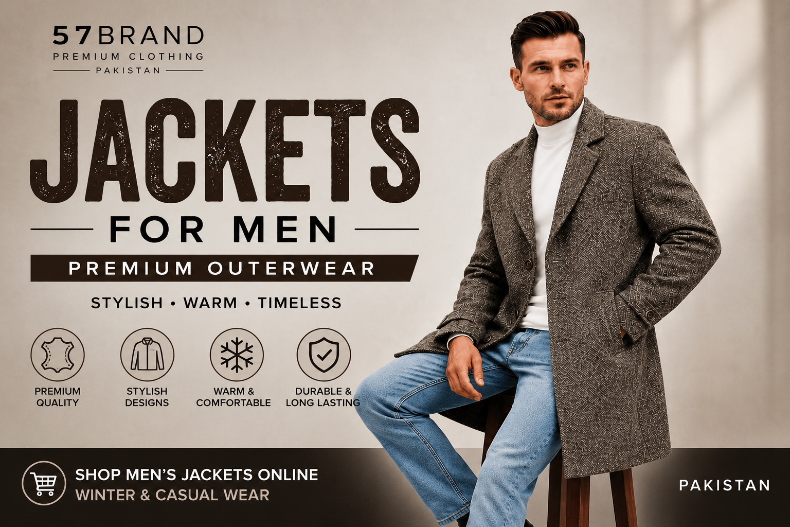 Men’s premium jacket styled with a white turtleneck and jeans